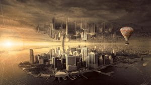 fantasy, city, architecture, composing, surreal, mystical, hot air balloon, cityscape, urban landscape, skyline, mirroring, reflection, upside down, sunlight, mirror image, fantasy, fantasy, city, city, city, city, city
