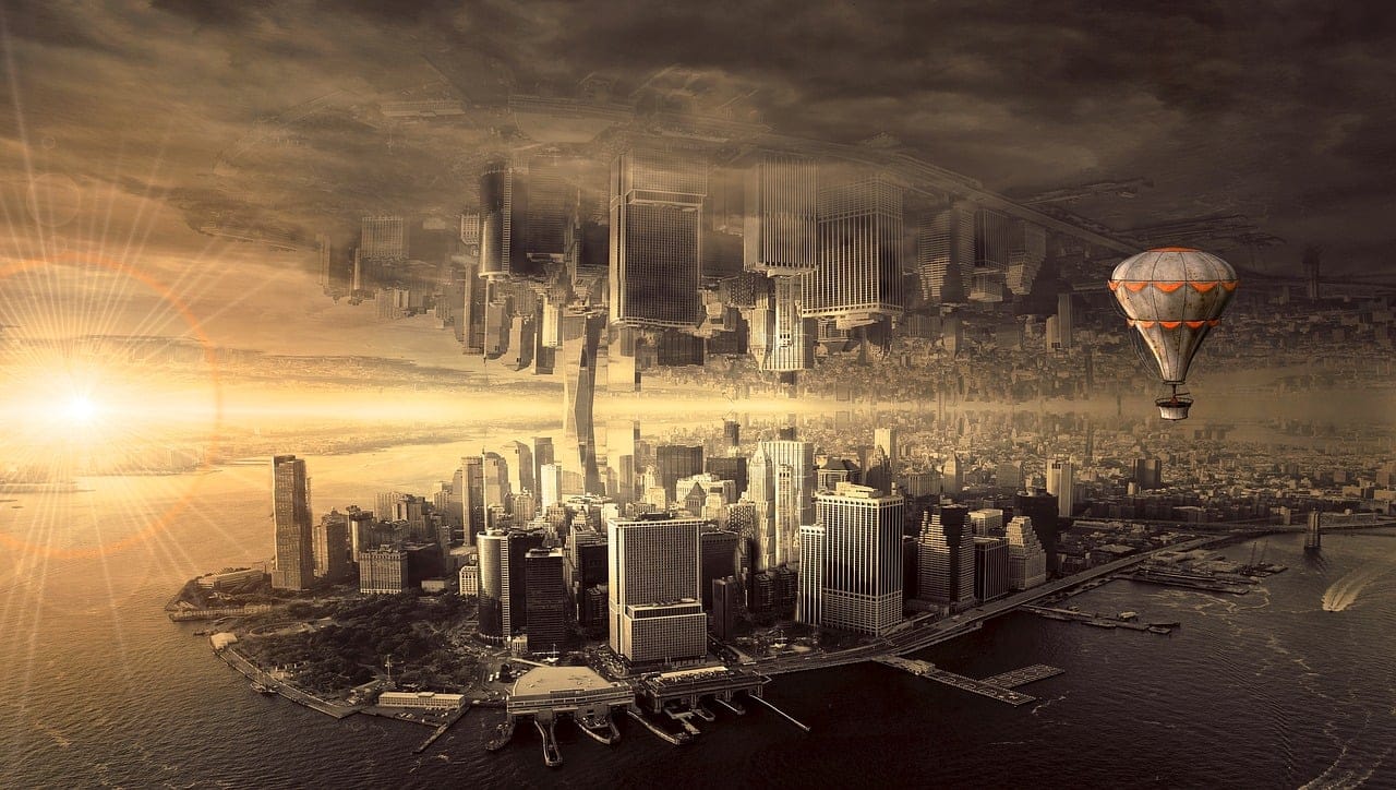 fantasy, city, architecture, composing, surreal, mystical, hot air balloon, cityscape, urban landscape, skyline, mirroring, reflection, upside down, sunlight, mirror image, fantasy, fantasy, city, city, city, city, city